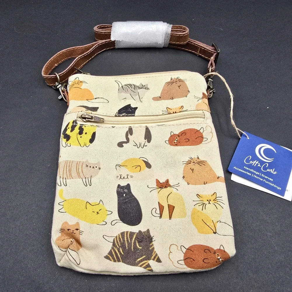 Cottn Curls Cats Slim Sling Canvas Crossbody Bag Cream Brown 638469 NWT